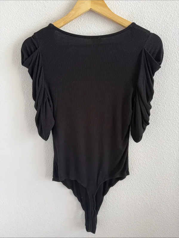 Free People Intimately Black Scoop Neck Puff Sleeve Bodysuit Women's Medium - Image 2