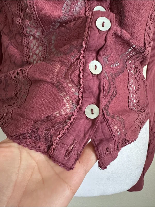 FREE PEOPLE Jae Knit Sheer Lace Long Sleeve Top Cardigan Cropped Y2K Boho XS - Image 11