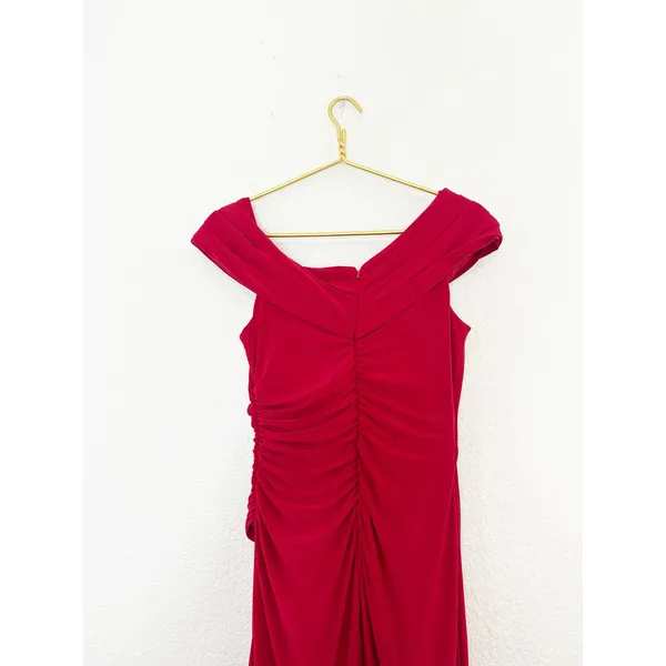 Ieena Mac Duggal Ruched Red Off-The-Shoulder Midi Dress Size 6 Cocktail Wedding - Image 13