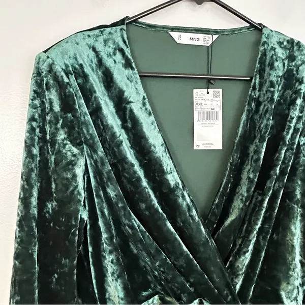 NWT Mango Green Crushed Velvet V-neck Ruched Long Sleeve Mini Dress Size XXL - Image 4