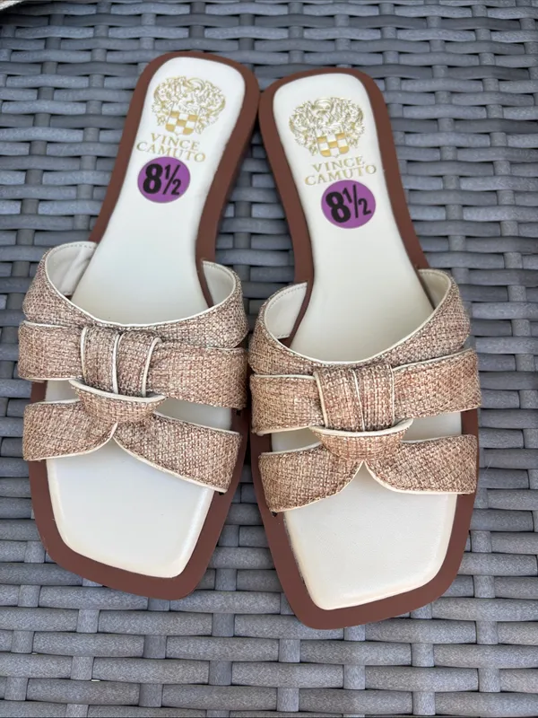 Vince Camuto VP-Byrdy Tan & Cream Woven Slide Sandals - Image 2