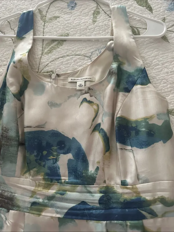 Banana Republic Cream Midi Dress with Blue and Green Floral Print, Fully lined. - Image 3