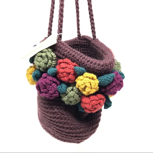 ANTHROPOLOGIE brown crochet wool bag with crochet flowers, NWT - Image 2