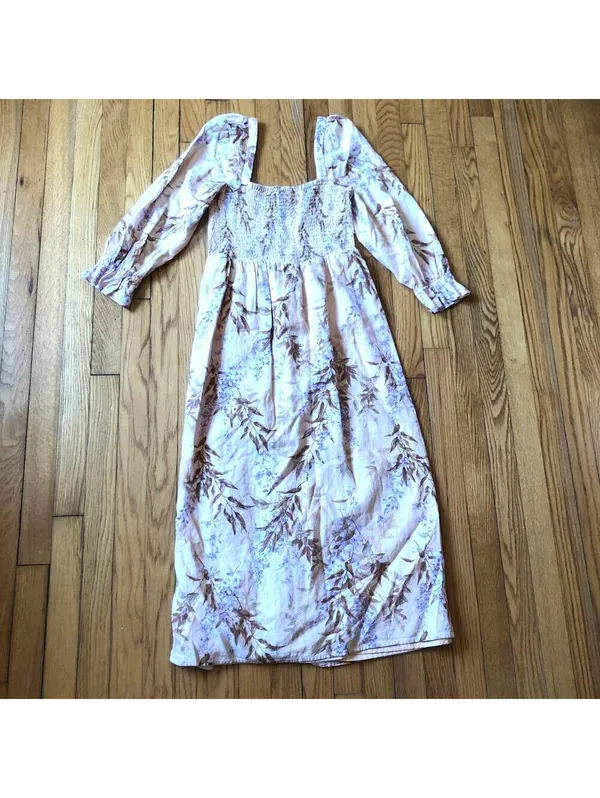 House of Harlow EUC Women's 1960 Linen Smocked Pink Palm Midi Dress Size S - Image 12