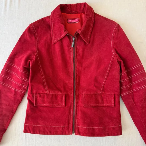 Olly London Moto Suede Zip Front Jacket Women Small Red - Image 10