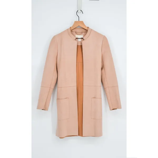 H&M Faux Suede Coat Womens 6 Blush Pink Belted Stand Collar Open Jacket - Image 2