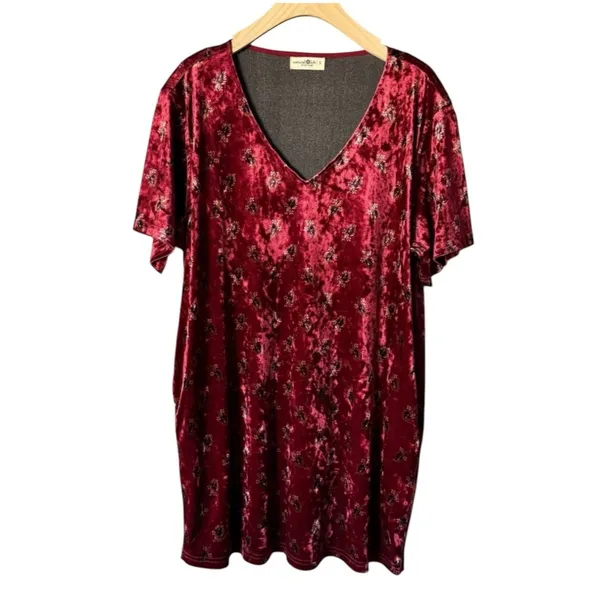 Natural Life Velvet Mini Dress Small Burgundy Floral Oversized Pocket Tunic - Image 2