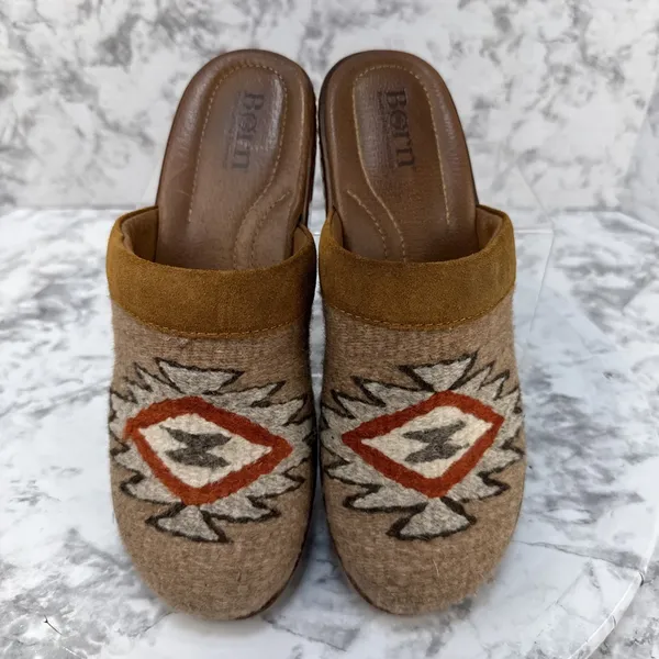 Born Bandy Clogs Size 38 7.5 Brown Southwest Woven Blanket Suede Leather Mule - Image 2