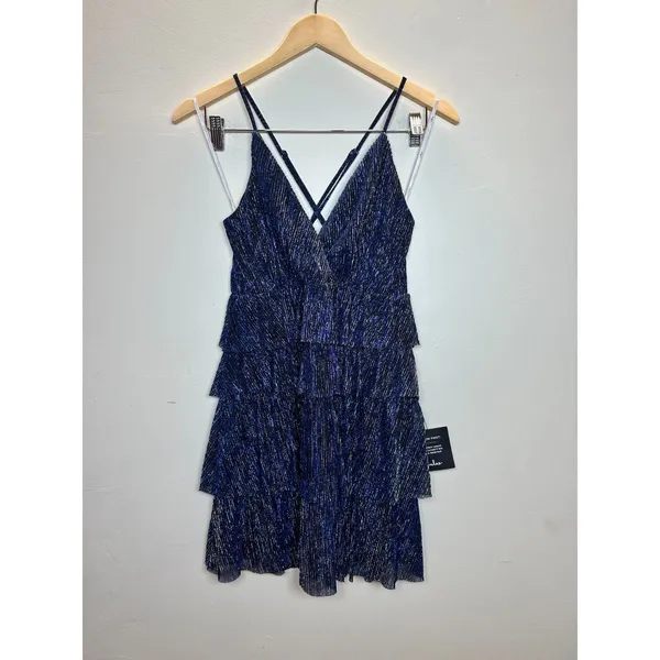 Lulus Tiered Mini Dress Womens Size Medium Blue Silver Metallic Pleated Cocktail - Image 4