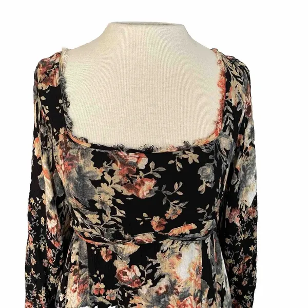 Free People Mini Dress Sz XS Heart Of Gold Dark Floral Boho Bell Sleeve Fairy - Image 2