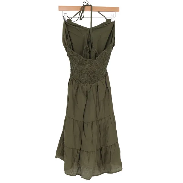 Maxi Dress Womens Large Olive Green Tiered Smocked Back Pleated Halter Neck - Image 4