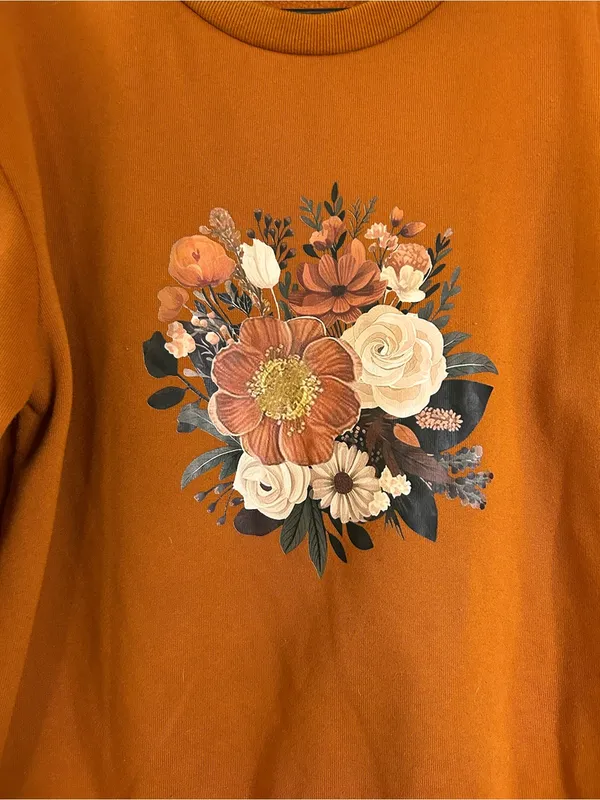 Amazon Burnt Orange Floral Graphic Crewneck Sweatshirt Size XL - Image 2