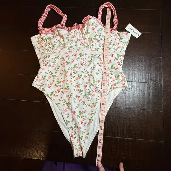 PacSun Swim Eco Floral Strawberry Underwire One Piece Swimsuit XL Gingham Tie - Image 3