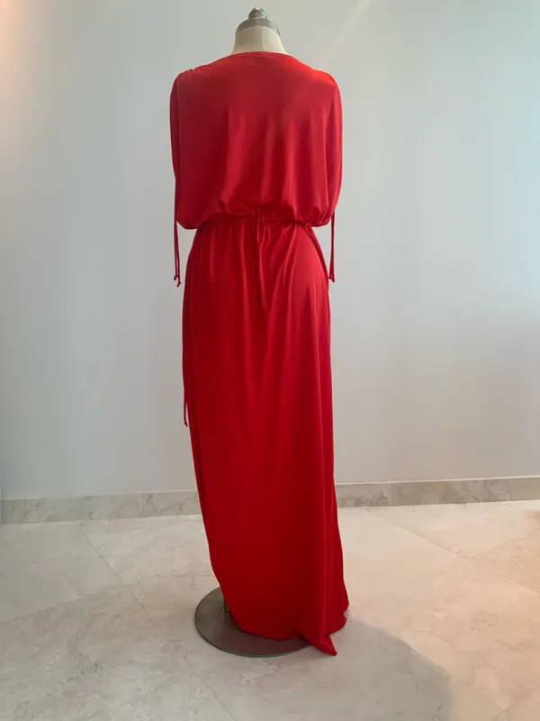 Vtg Bold Red Gathered-Waist Maxi Dress sz Sm-Med - Image 3