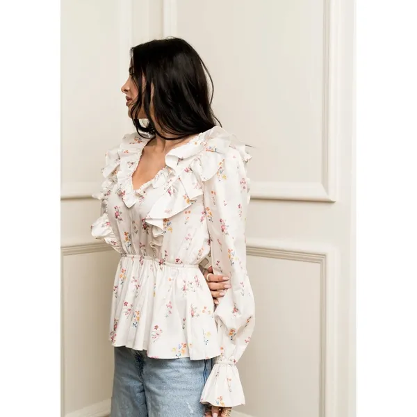 Rachel Parcell Floral Ruffle Peplum Blouse V-Neck‎ Long Sleeve Women's M - Image 3