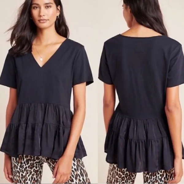 Anthropologie Maeve Black V-neck Louisa Tiered Peasant Babydoll Tee Shirt Top XS - Image 2