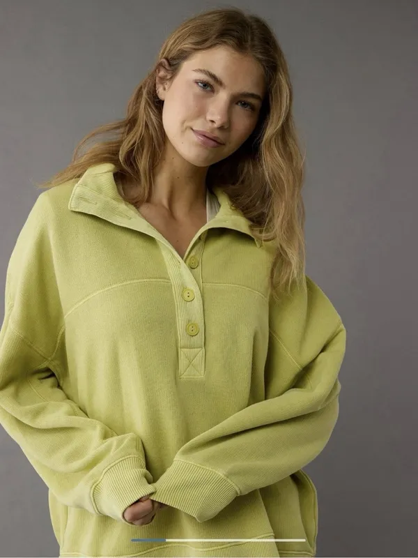 AE American Eagle Big Hug Henley Pullover Sweatshirt in Fresh Green Size XS - Image 2