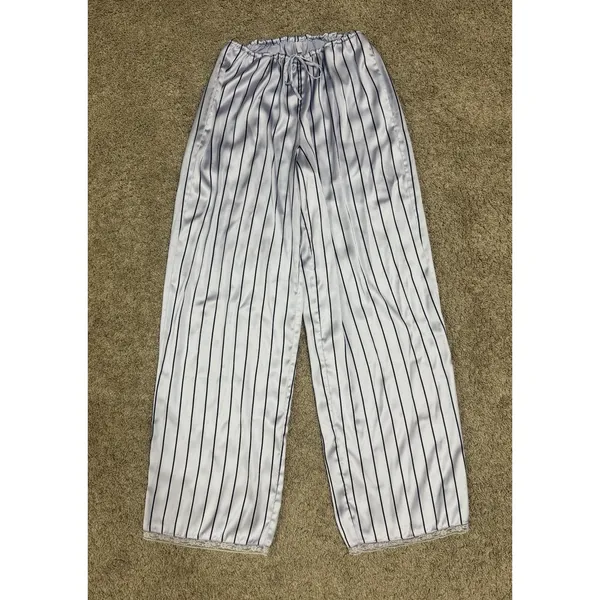 SKIMS Woven Shine Sleep Lace Pants Blue Pinstripe Satin Lounge Pajama Bottoms XS - Image 3