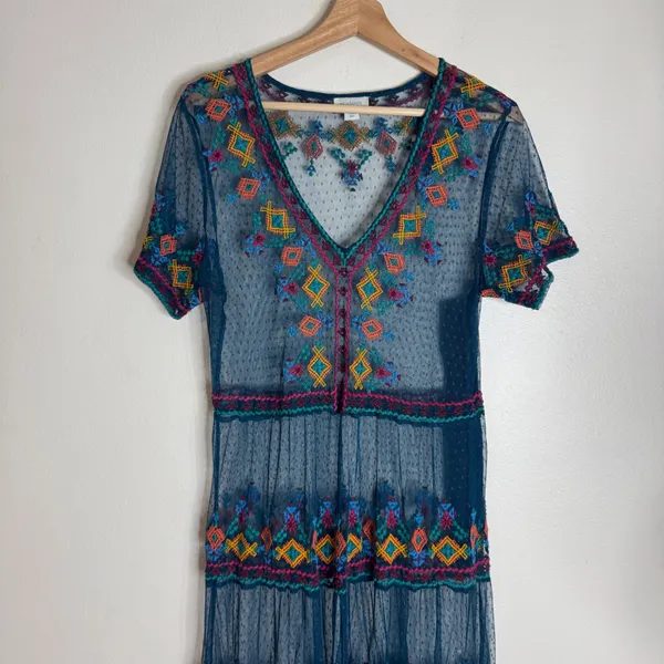Sundance Maxi Dress Women's Embroidered Mesh Sheer Boho Teal Large - Image 4
