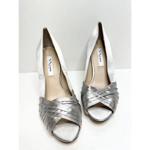 Nina New York Pumps Size 8.5 Silver Satin Leather‎ Open Toe Evening Shoes - Image 6