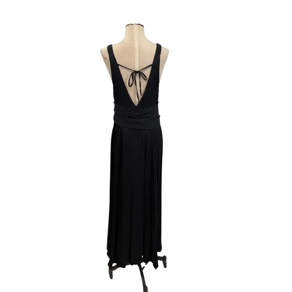 Free People Black Plunge Open Back‎ Maxi Dress Tie Waist High Slit Gown US 2 - Image 9