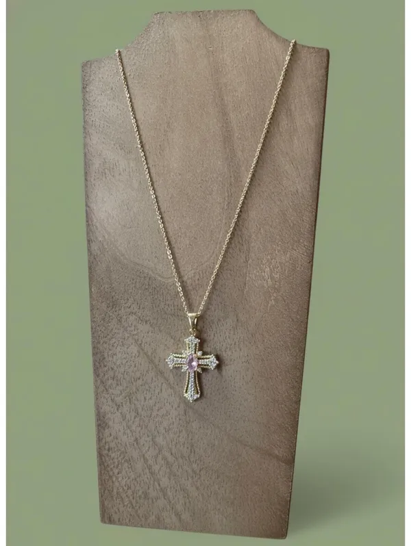 Gold-Tone Cross Pendant Necklace with Pink Center Stone - Image 2