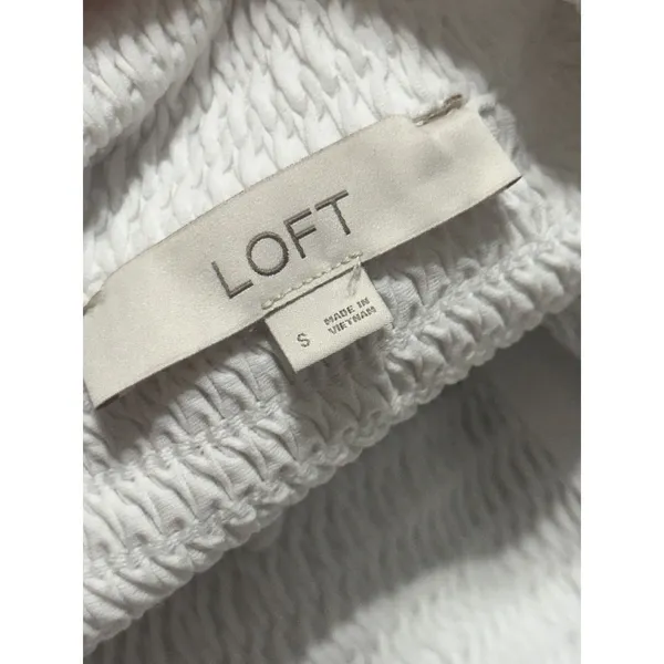 Loft White Smocked Short Sleeve Button Front Polo Cardigan Ruffle Hem Top S SP25 - Image 6