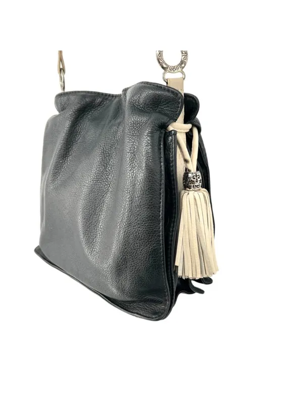 Brighton Boho Western Bucket Slouch Bag Leather Black White Tassel Silver Charms - Image 12