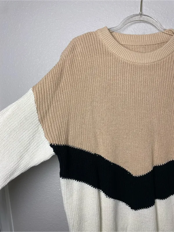 Neutral Colorblock Chevron Crewneck Sweater - Beige, Black & White Size L - Image 2