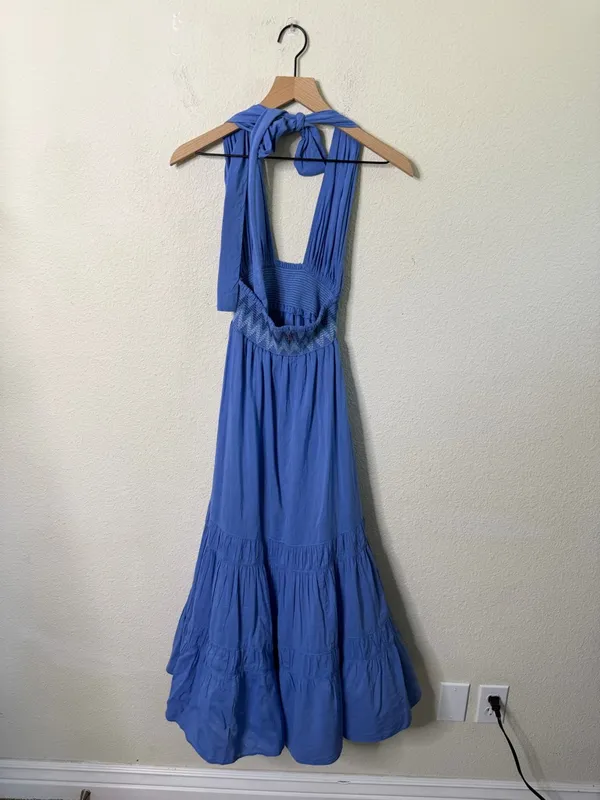 Misa Karolina Dress Blue Halter Smocked Fit & Flare Poplin Midi‎ Dress Size XS - Image 7