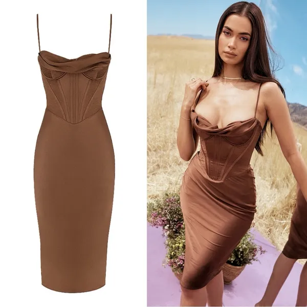 House of CB • Myrna Chocolate Satin Corset Slip Dress brown bustier boned bodice - Image 7