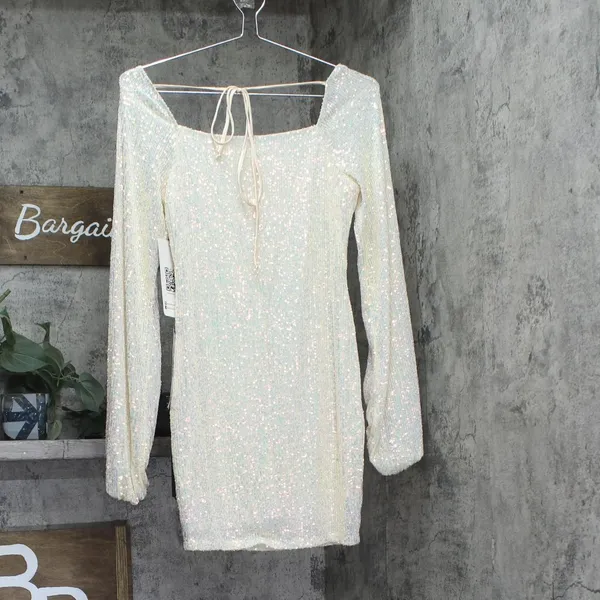 NWT Emerald Sundae Sequin Blouson-Sleeve Bodycon Mini Dress Cream Off White M - Image 5