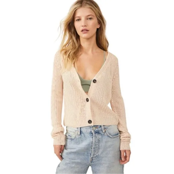 Free People Game On Button Front Cardigan in White Swan - Image 6