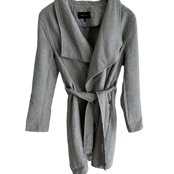 Harvé Benard Preppy Grey Wool Blend Tie Wrap Trench Coat Size Women's Medium - Image 4