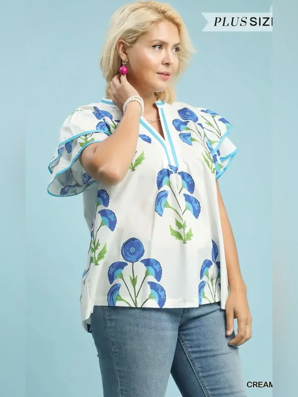 New! Umgee Plus Cotton Cream Floral Popover Top with Blue Accents Size 2X - Image 4