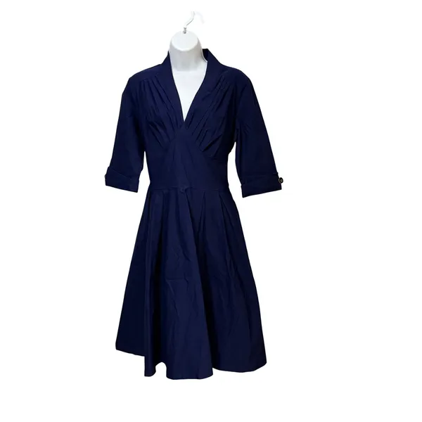Miusol Womens Navy Blue V-Neck Pleated Fit‎ and Flare Midi Dress Size L NEW - Image 2