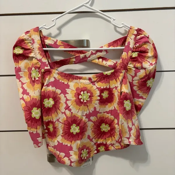 Free People Give Me More Pink Multi Floral Half Sleeve Crop Top NWT - Image 3