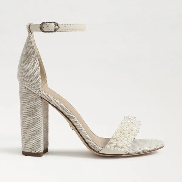 NEW Sam Edelman Sz‎ 8Yaro Perla Open Toe Silk Tweed 4” Dazzling Heels Tan - Image 2
