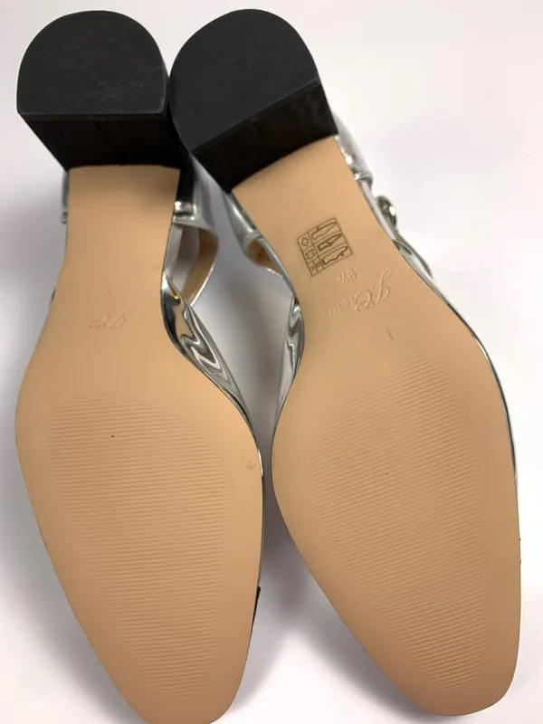 J.Crew Maisie Womens 9.5 Silver Leather Mary Jane Block Heel Black Cap Toe Shoes - Image 8