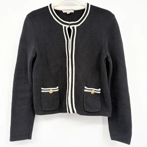 J.Crew Womens Emilie Black Ivory Tipping Preppy Knit Sweater Lady Jacket S BX470 - Image 2