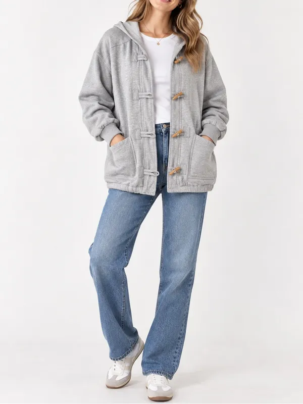 Cheetah Gray Hooded Toggle Duffle Sweatshirt Jacket Retro 90s - Image 2