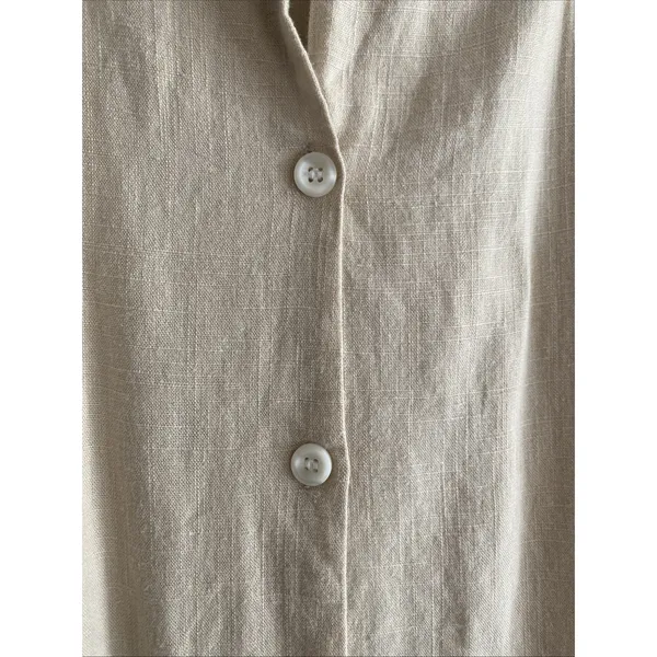Darphin Ruffle Hem Shirt Dress Womens Size L Tan Linen Blend Button Front Mini - Image 4