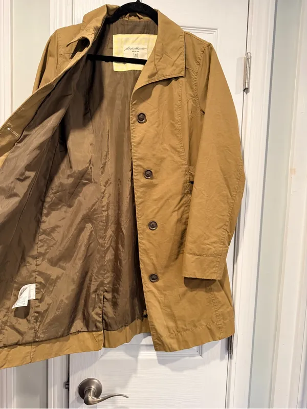 Eddie Bauer Size XS Tan Khaki Button Front Lined Mid Length Trench Coat Jacket - Image 12