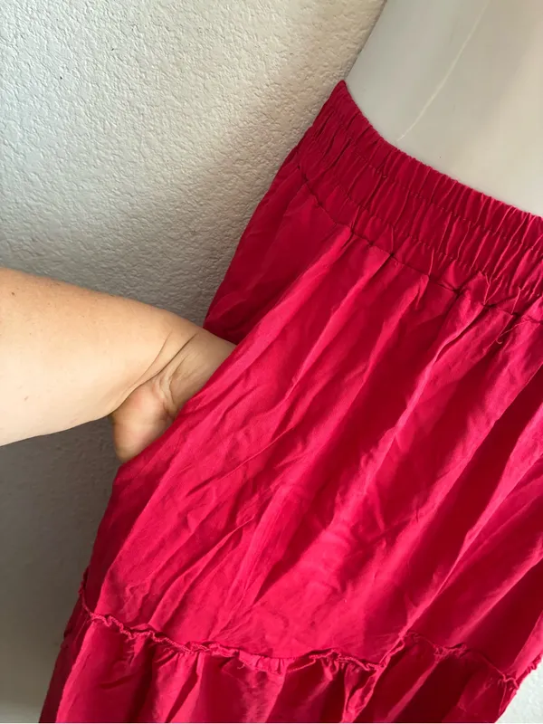 Tiered Pockets Solid Red Color High Waist Flowy Boho Mid Skirt M - Image 6