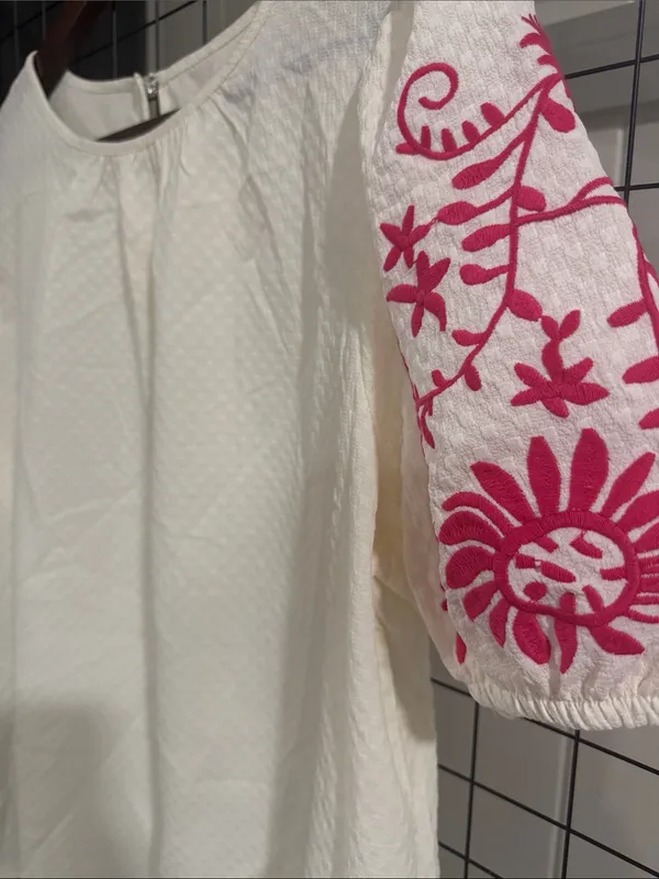 Women's White Blouse with Pink Embroidered Puff Sleeves - Image 2