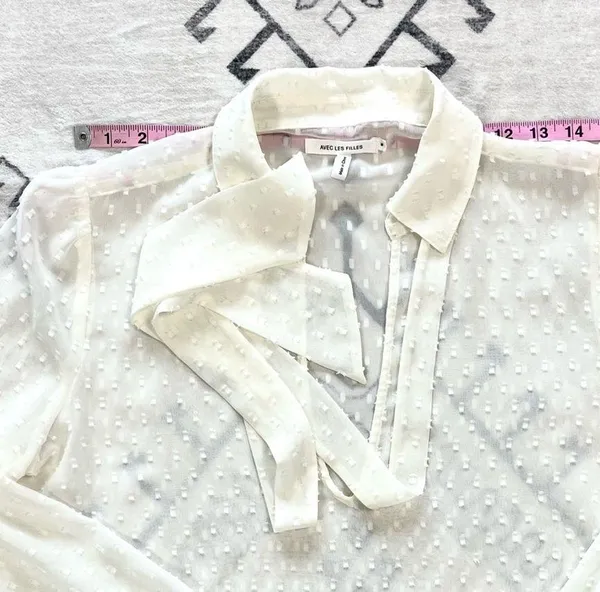 Avec Les Filles Sheer Textured Dot Tie Neck Blouse in Ivory Medium - Image 7