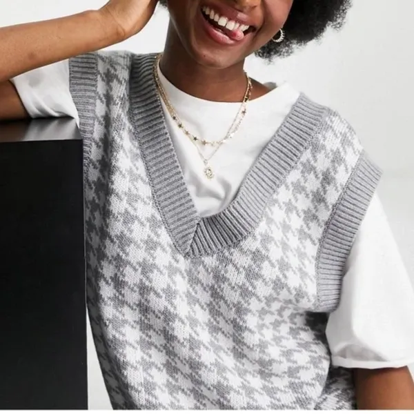 Abercrombie Houndstooth Sweater Vest Gray Preppy Golfcore V Neck Knit Size S - Image 3
