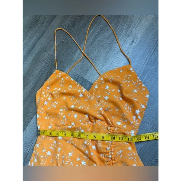 Endless Blu Ruched Midi Dress Bodycon Leg Slit Orange Floral - Image 9