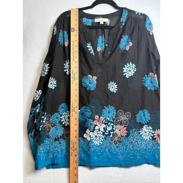 Loft Floral Border Print Split Neck Blouse Black Blue Boho Top Medium - Image 10