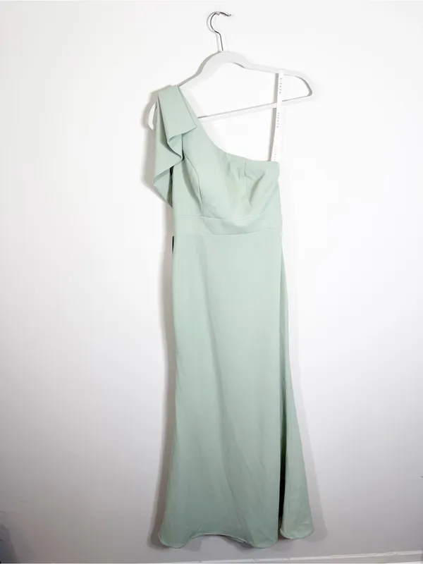 NWT Azazie Rinna Dusty Sage Green Mermaid One Shoulder Stretch Crepe Maxi Dress - Image 3